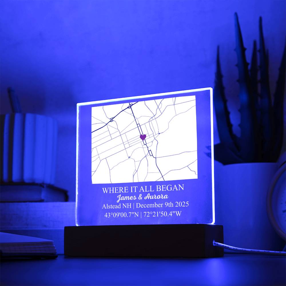 Personalized Acrylic “Where It All Began” with Wood Stand – Custom Coordinates, Names & Date, Romantic Gift for Wife, Husband, Boyfriend, Girlfriend