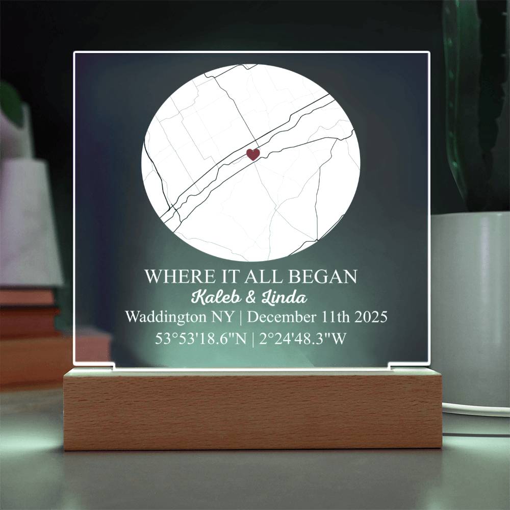 Personalized Acrylic “Where It All Began” with Wood Stand – Custom Coordinates, Names & Date, Romantic Gift for Wife, Husband, Boyfriend, Girlfriend