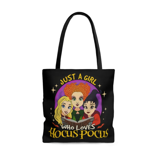 Inspiration Gift Just A Girl Who Loves Hocus Pocus All Over Print Tote Bag - Cute Halloween Shoulder Bag - Three Witches Tote Bag 18x18 Gifts for Women, Wife, Girlfriend On Christmas, Birthday, Anniv ASIN: B08L1KMF3R