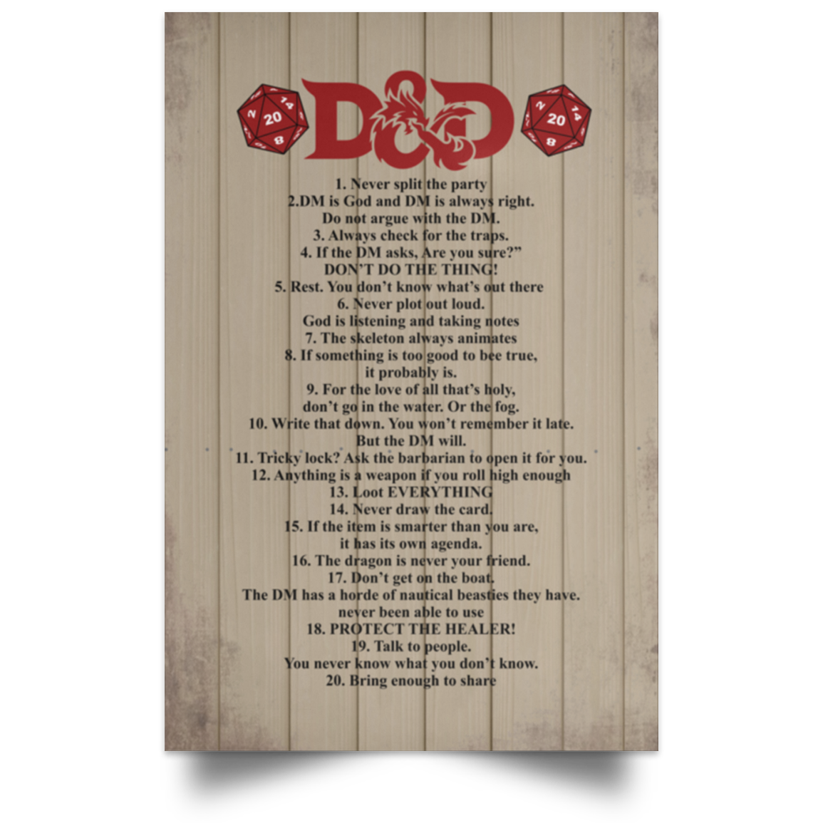 Meaningful Quote Dungeons Dragons Rules Never Split The Party Unframed Poster Best Gift for Friend, Family Awesome Birthday Gift Decor Home Durable Print POSPO Satin Portrait Poster