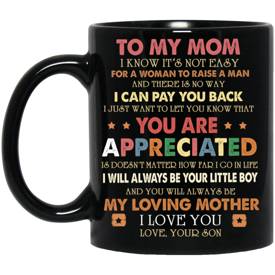 Meaningful Quote Son To Mom Ceramic Gift Coffee Mug For Mother's Day Newest Version New Mom Gift From Son On Birthday, Christmas SKU: lam-mom-21-148