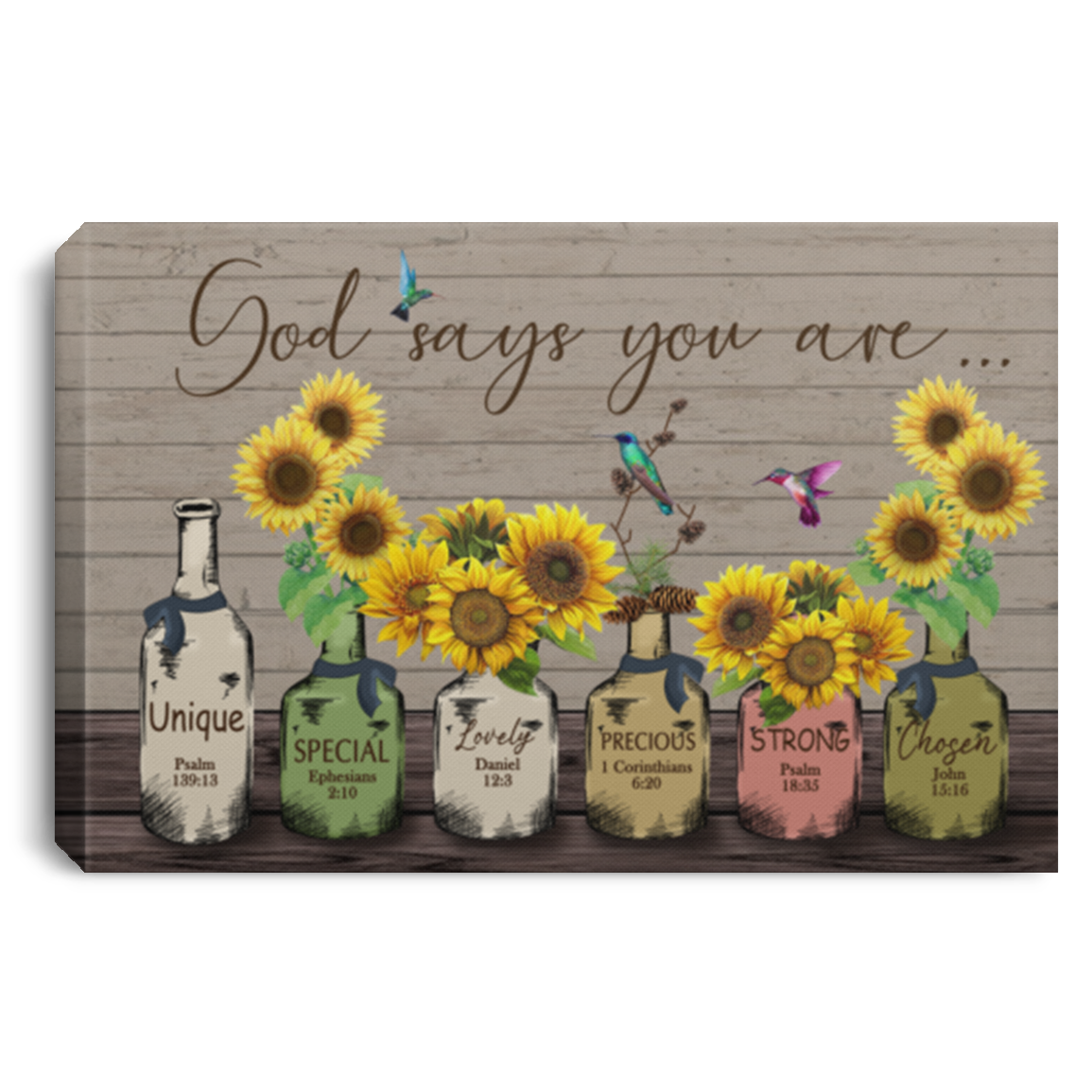 Poster Frame Canvas God Says You are Unique Special Lovely Precious Strong Chosen Hummingbird Sunflower Poster Frame Canvas Family Friend Awesome Gifts Birthday Decor Home Wall Art 16x24 CANLA75 Landscape Canvas .75in Frame