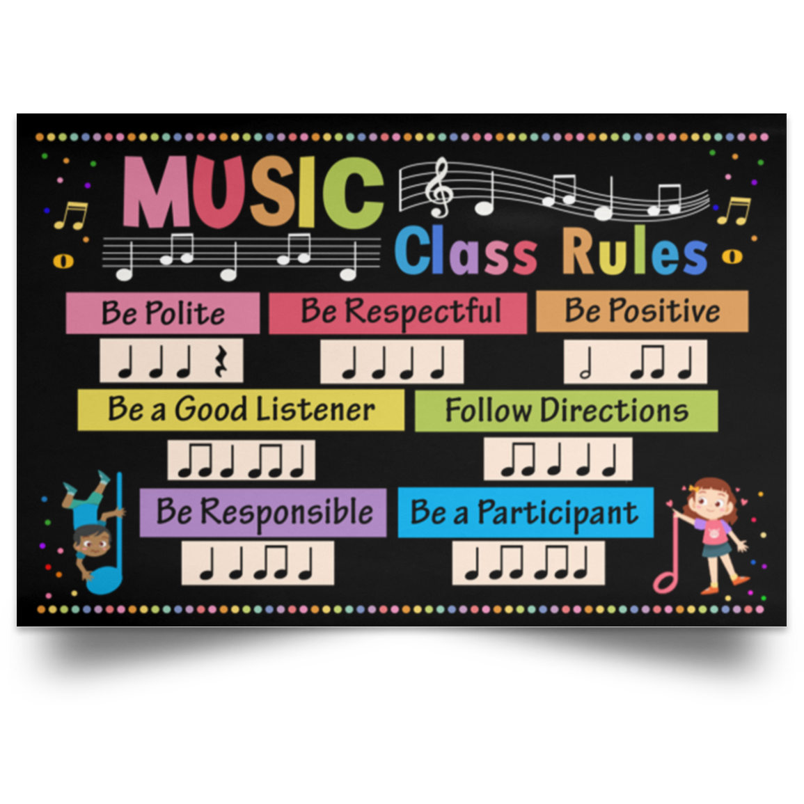 Debra Benn Teacher Music Class Rules Poster, Poster Unframed Décor 24x36in POSLA Satin Landscape Poster