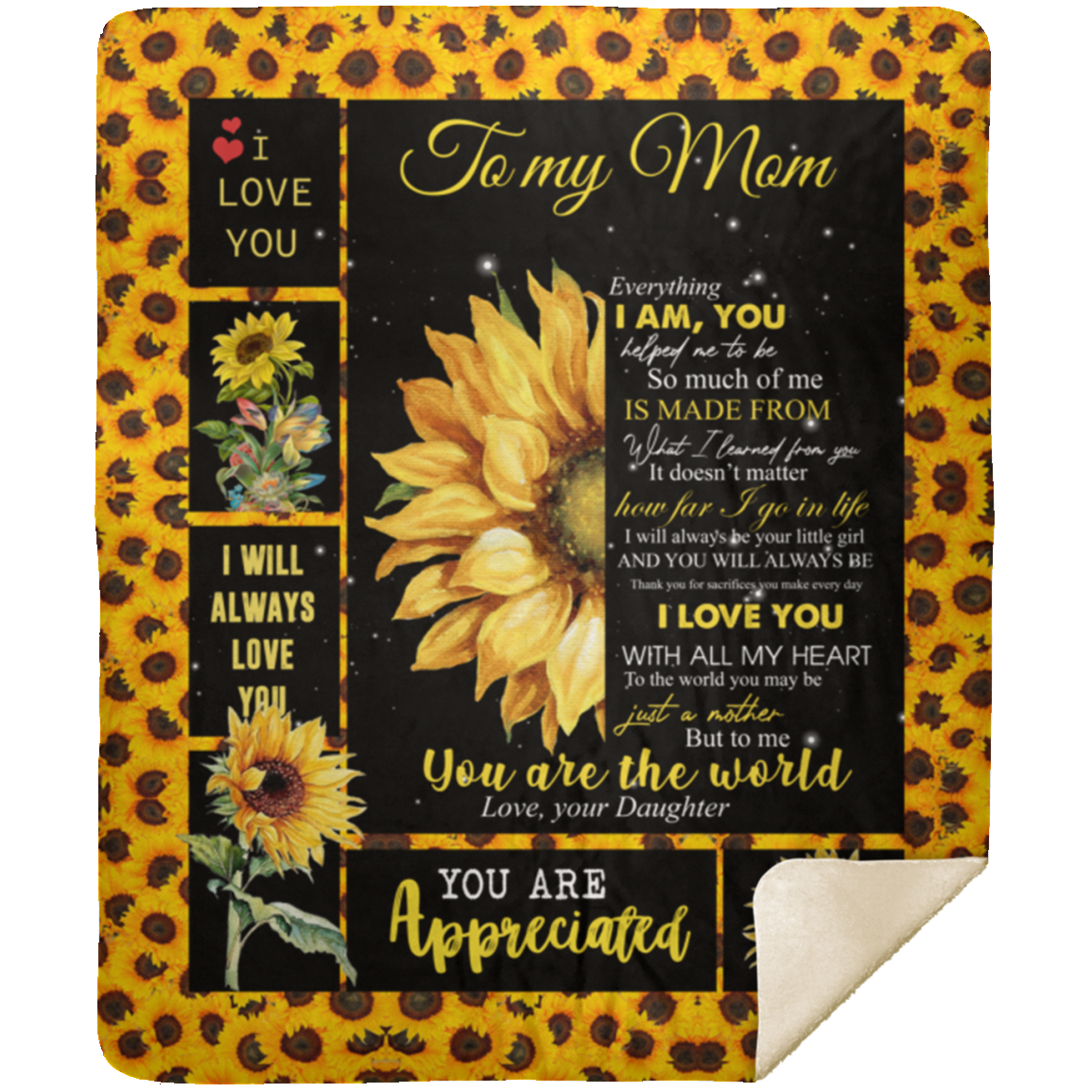 Quote Personalized to My Mom Sunflower, Fleece Sherpa Woven Blankets, Gifts for Mother, Gift for Mom On Holidays, Vacation, Christmas, Brithday Custom Size MSHM Premium Mink Sherpa Blanket 50x60