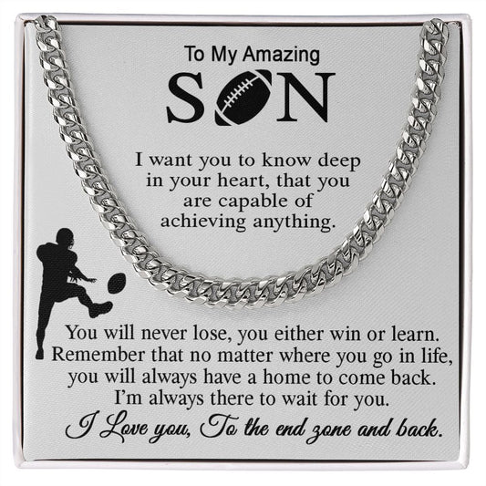ASIN: B0BK4L69WP SKU: NecklaceforSON-Mom_4Standard+Silver 	 Football Gift For Son, Cuban Link Chain Gift