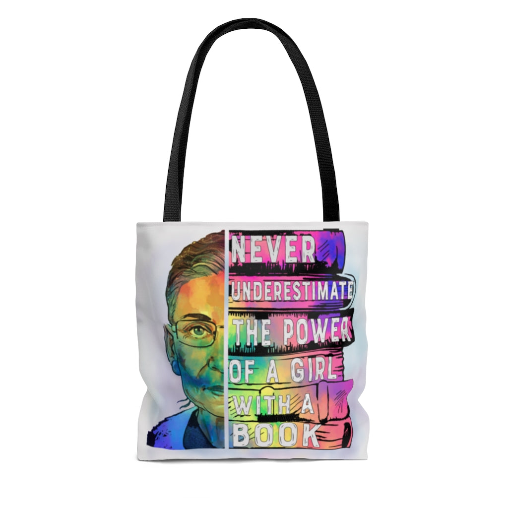 Motivational Quotes Never Underestimate The Power of a Girl with a Book RBG All Over Print Tote Bag – Shoulder Bag – Shopping Bag 13x13 Gifts for Women, Wife, Girlfriend On Christmas, Birthday, Anniv