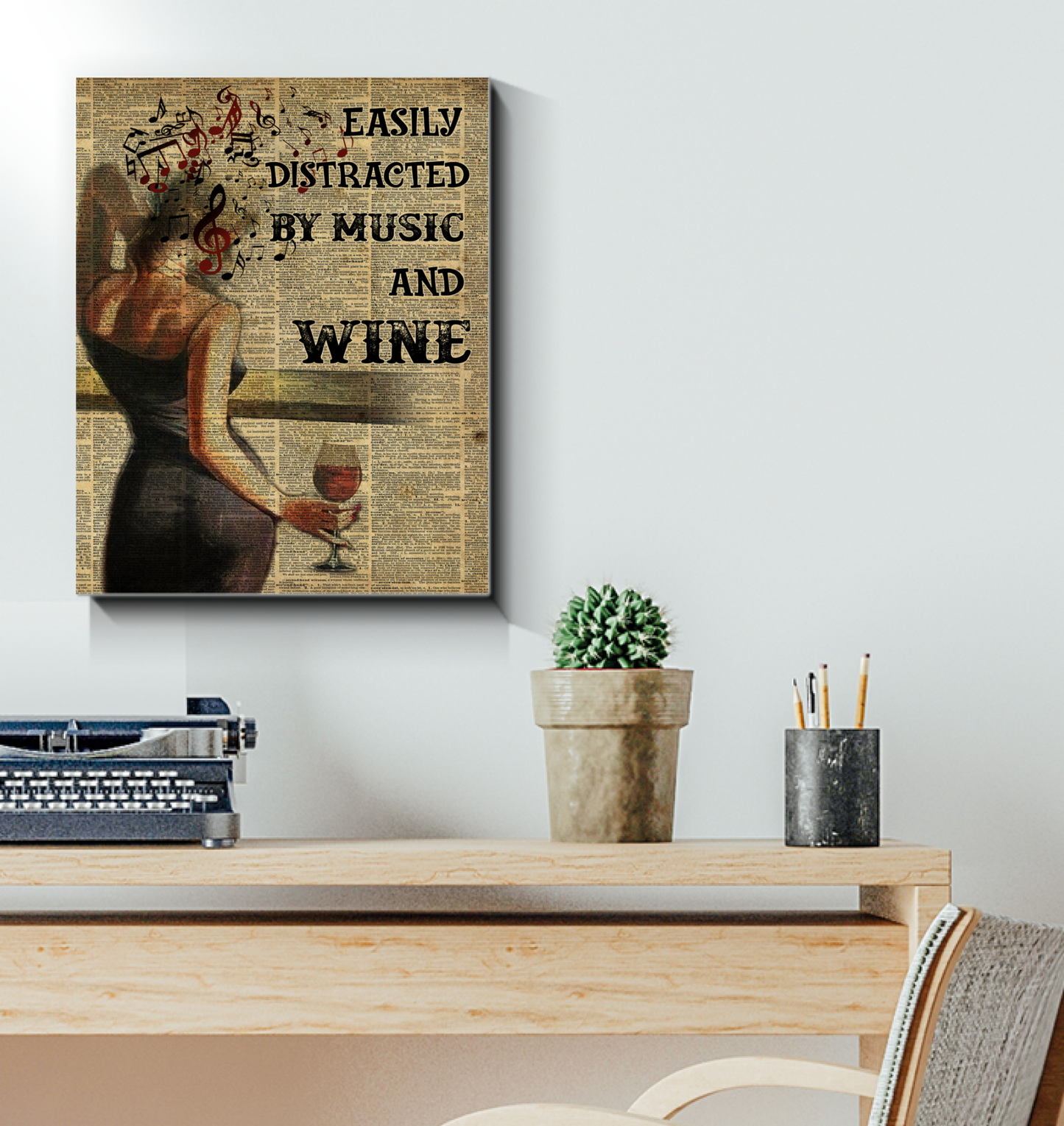 Girl Easily Distracted by Music and Wine Art Wall Poster (Canvas Framed, 16x20) (1) fixx