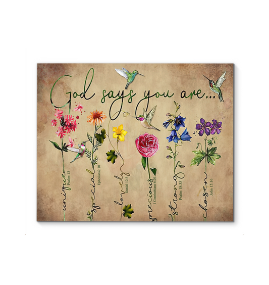 Hummingbird and Flowers God Says You are Vintage - Fabric Print Canvas Framed Poster (20x16)