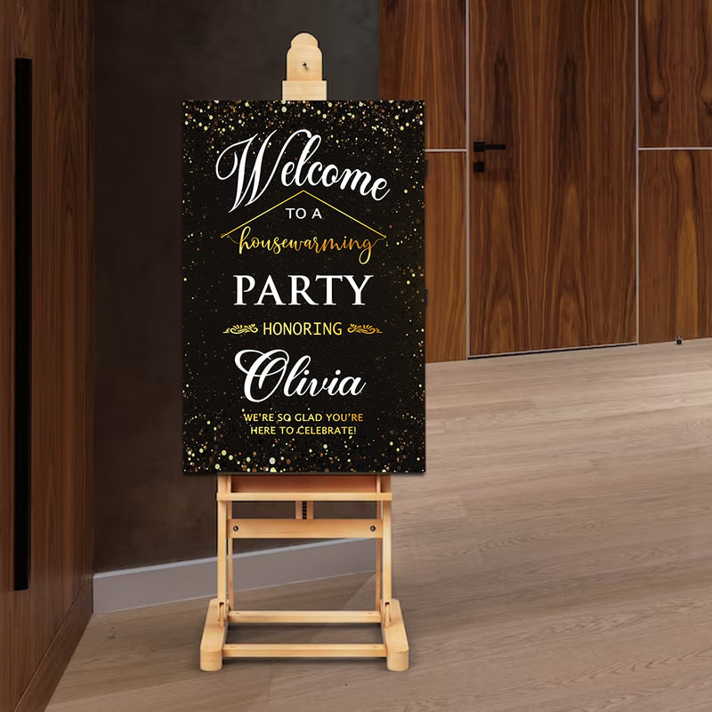 Personalized Housewarming party Sign, Housewarming Party Decorations, Welcome Sign Printable Editable, Housewarming Welcome Sign Template Simple, Indoor Outdoor Welcome Sign, Gold with White on Black