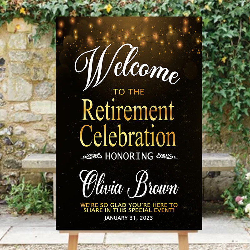 Retirement Celebration Party Welcome Sign, Decoration of Retirement Sign on Black and Yellow background, Ideas Gift Retiree Sign, Party Supplies, Custom Design