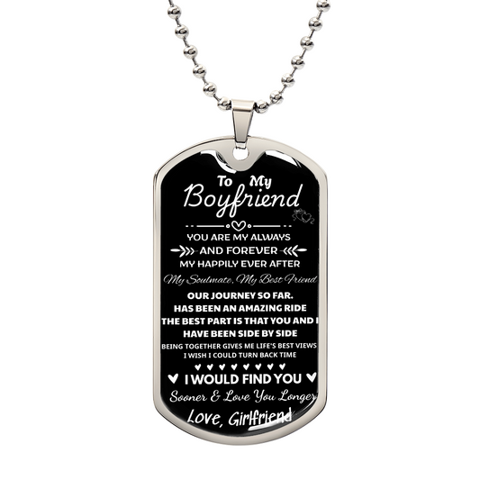 To My Boyfriend Dog Tag Necklace from Girlfriend – Valentine’s Day Gift for Him, Birthday Anniversary Jewelry for Men with Message Card & Gift Box