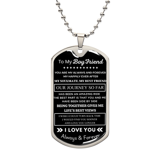 To My Boyfriend Dog Tag Necklace from Girlfriend – Valentine’s Day Gift for Him, Birthday Anniversary Jewelry for Men with Message Card & Gift Box