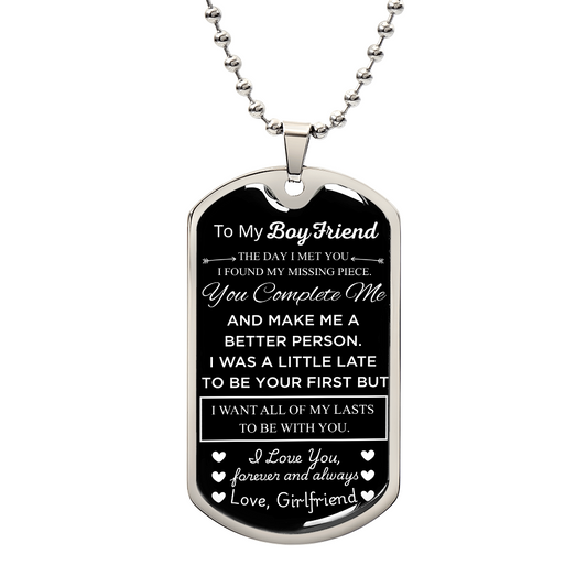 To My Boyfriend Dog Tag Necklace from Girlfriend – Valentine’s Day Gift for Him, Birthday Anniversary Jewelry for Men with Message Card & Gift Box