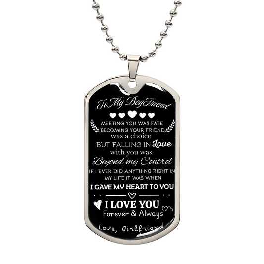 To My Boyfriend Dog Tag Necklace from Girlfriend – Valentine’s Day Gift for Him, Birthday Anniversary Jewelry for Men with Message Card & Gift Box
