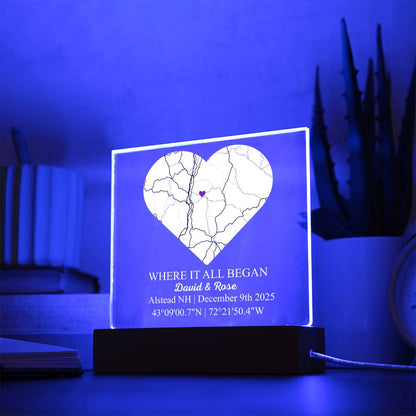 Personalized Acrylic “Where It All Began”  with Wood Stand – Custom Coordinates, Names & Date, Romantic Gift for Wife, Husband, Boyfriend, Girlfriend
