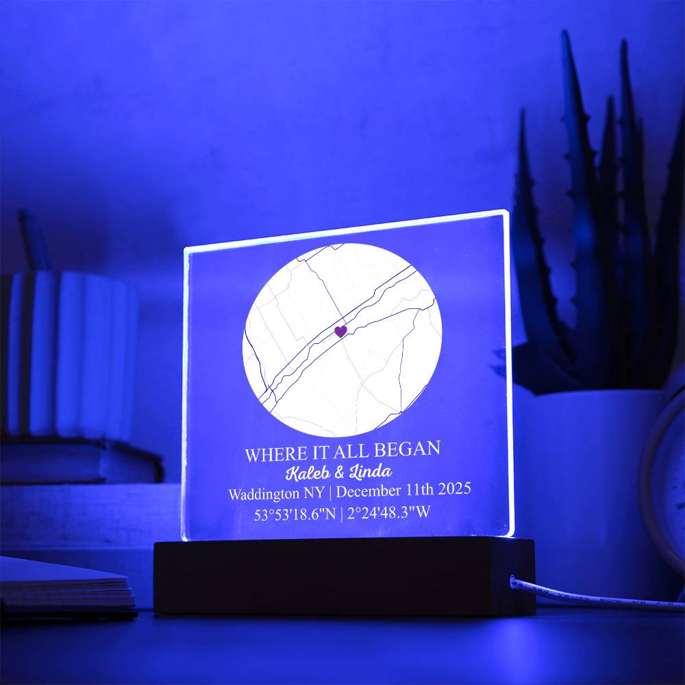 Personalized Acrylic “Where It All Began”  with Wood Stand – Custom Coordinates, Names & Date, Romantic Gift for Wife, Husband, Boyfriend, Girlfriend