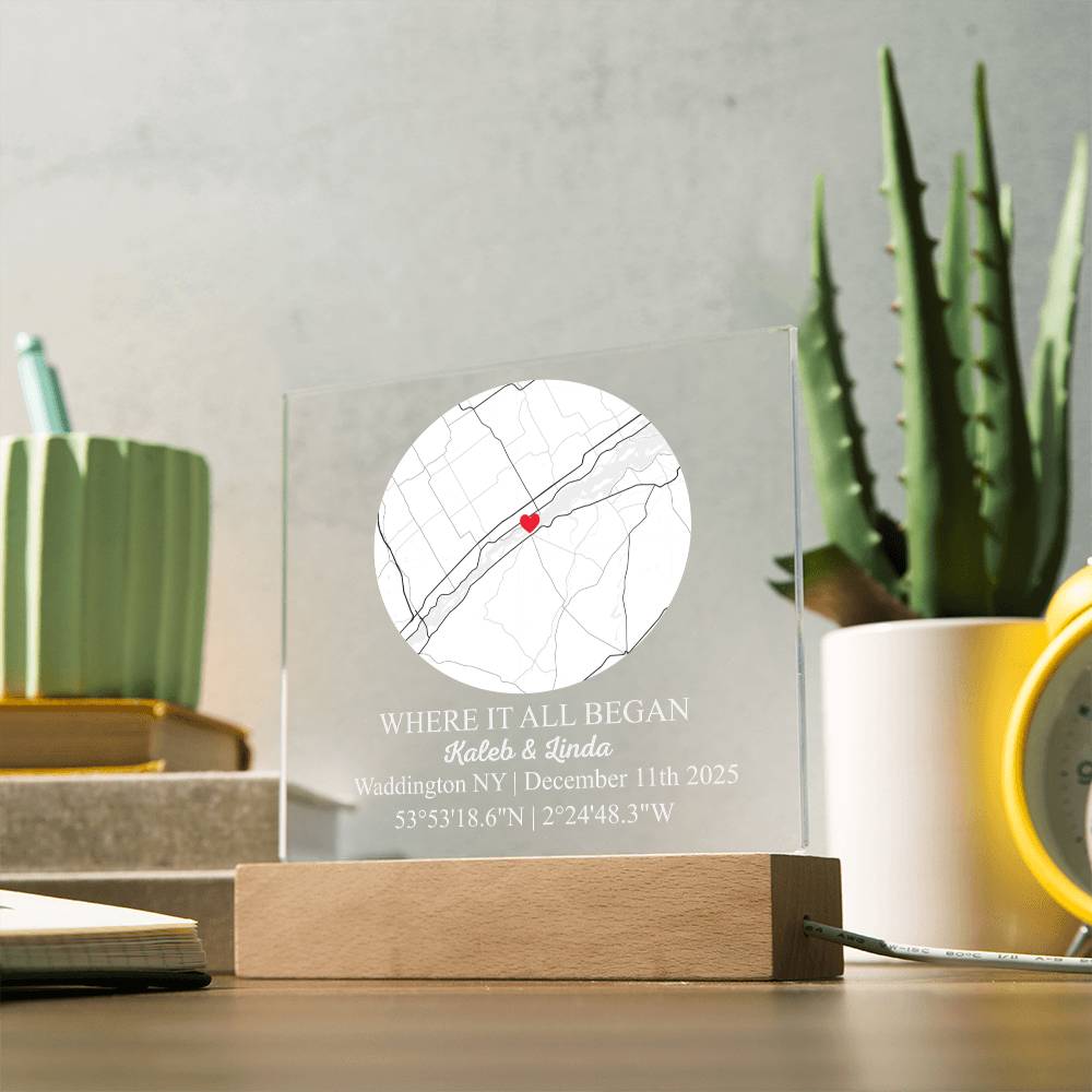 Personalized Acrylic “Where It All Began”  with Wood Stand – Custom Coordinates, Names & Date, Romantic Gift for Wife, Husband, Boyfriend, Girlfriend