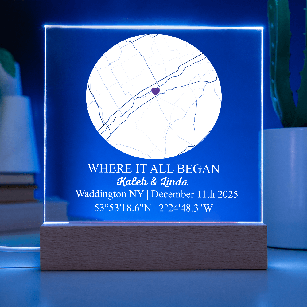 Personalized Acrylic “Where It All Began”  with Wood Stand – Custom Coordinates, Names & Date, Romantic Gift for Wife, Husband, Boyfriend, Girlfriend
