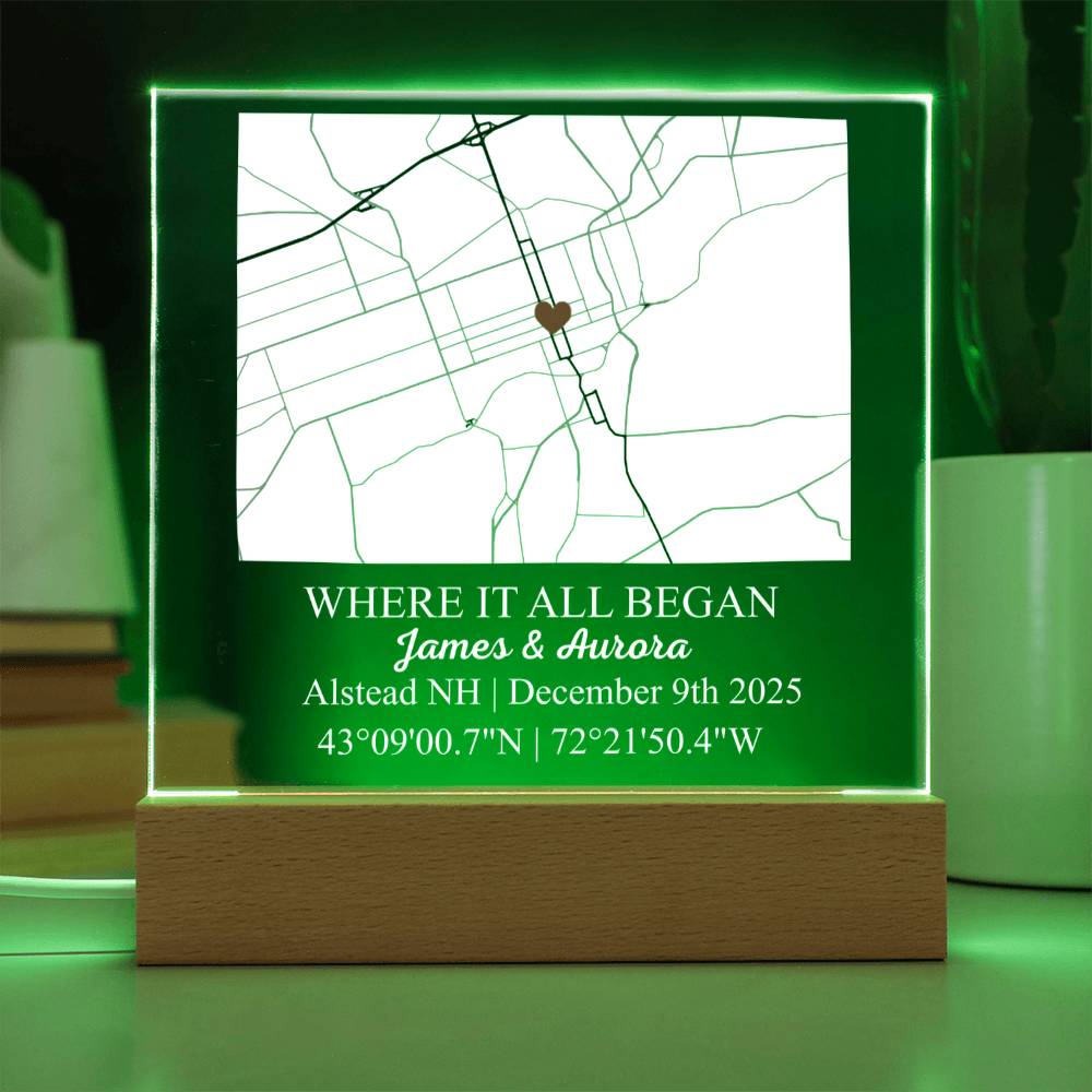 Personalized Acrylic “Where It All Began”  with Wood Stand – Custom Coordinates, Names & Date, Romantic Gift for Wife, Husband, Boyfriend, Girlfriend