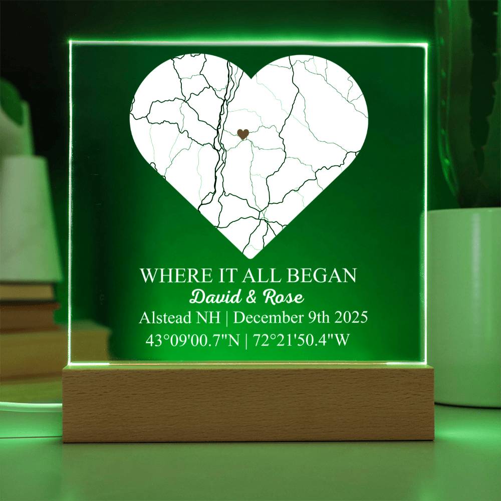 Personalized Acrylic “Where It All Began”  with Wood Stand – Custom Coordinates, Names & Date, Romantic Gift for Wife, Husband, Boyfriend, Girlfriend