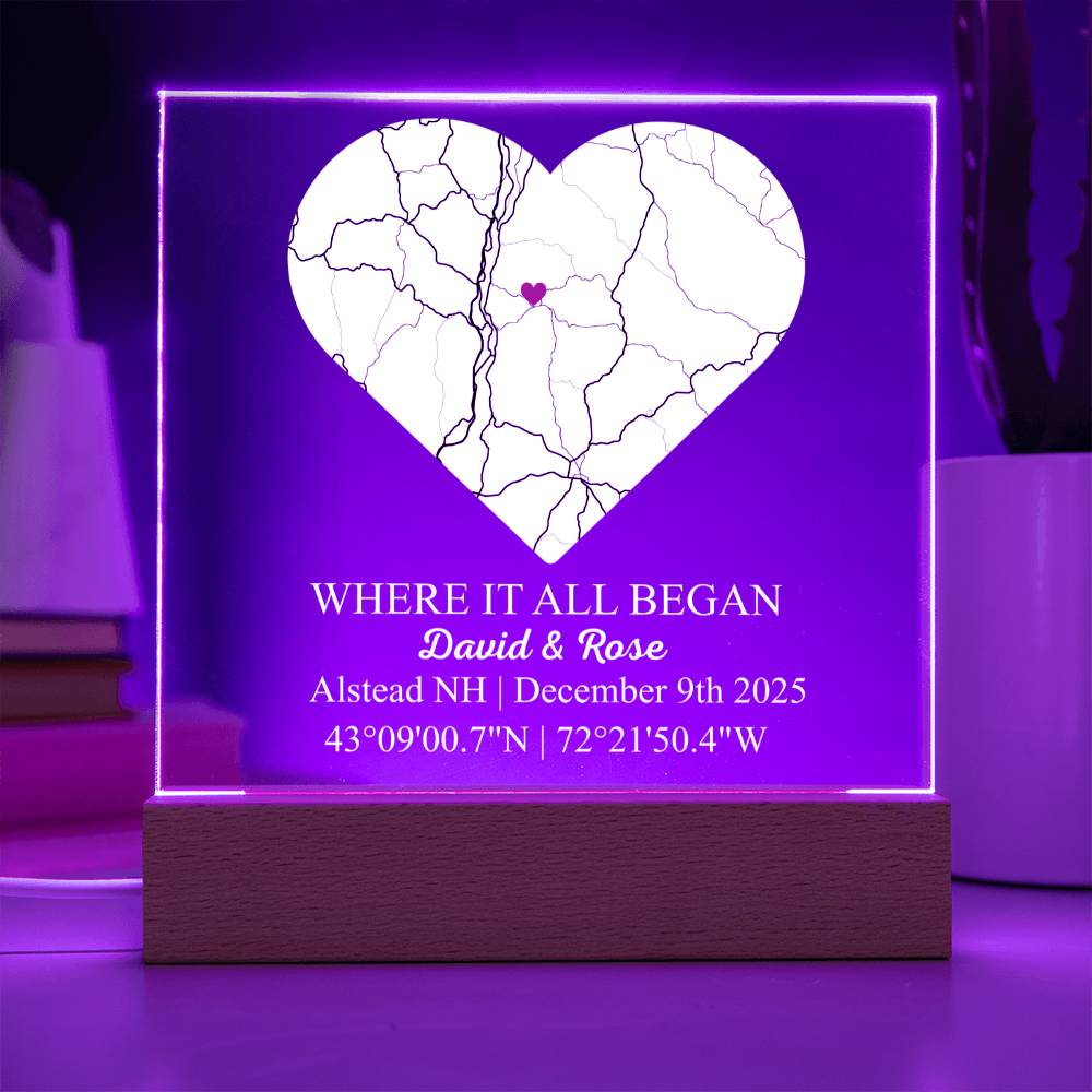 Personalized Acrylic “Where It All Began”  with Wood Stand – Custom Coordinates, Names & Date, Romantic Gift for Wife, Husband, Boyfriend, Girlfriend