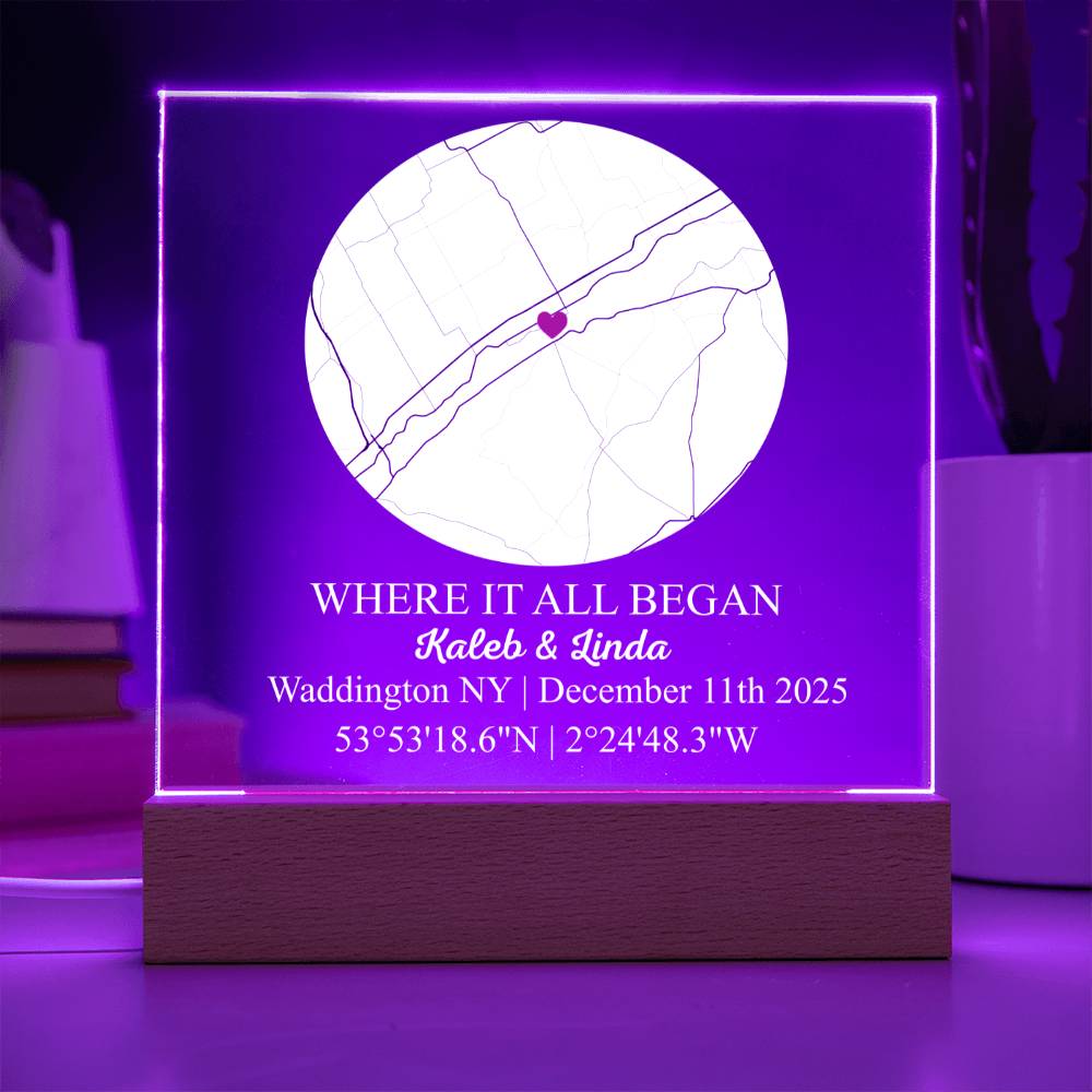 Personalized Acrylic “Where It All Began”  with Wood Stand – Custom Coordinates, Names & Date, Romantic Gift for Wife, Husband, Boyfriend, Girlfriend