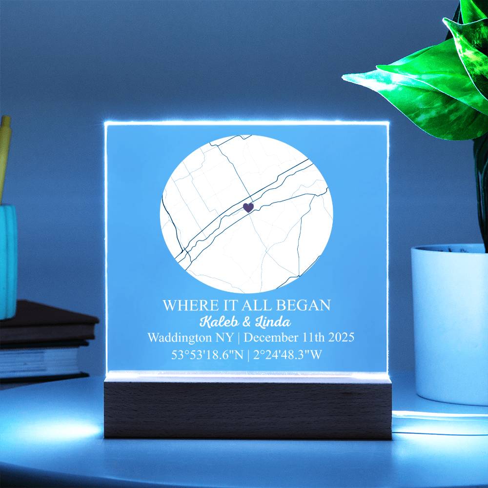 Personalized Acrylic “Where It All Began”  with Wood Stand – Custom Coordinates, Names & Date, Romantic Gift for Wife, Husband, Boyfriend, Girlfriend