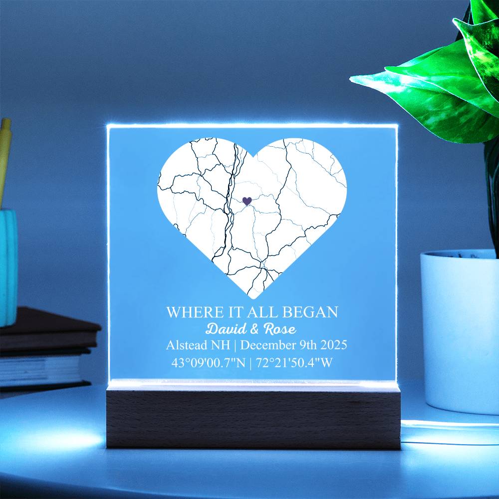 Personalized Acrylic “Where It All Began”  with Wood Stand – Custom Coordinates, Names & Date, Romantic Gift for Wife, Husband, Boyfriend, Girlfriend