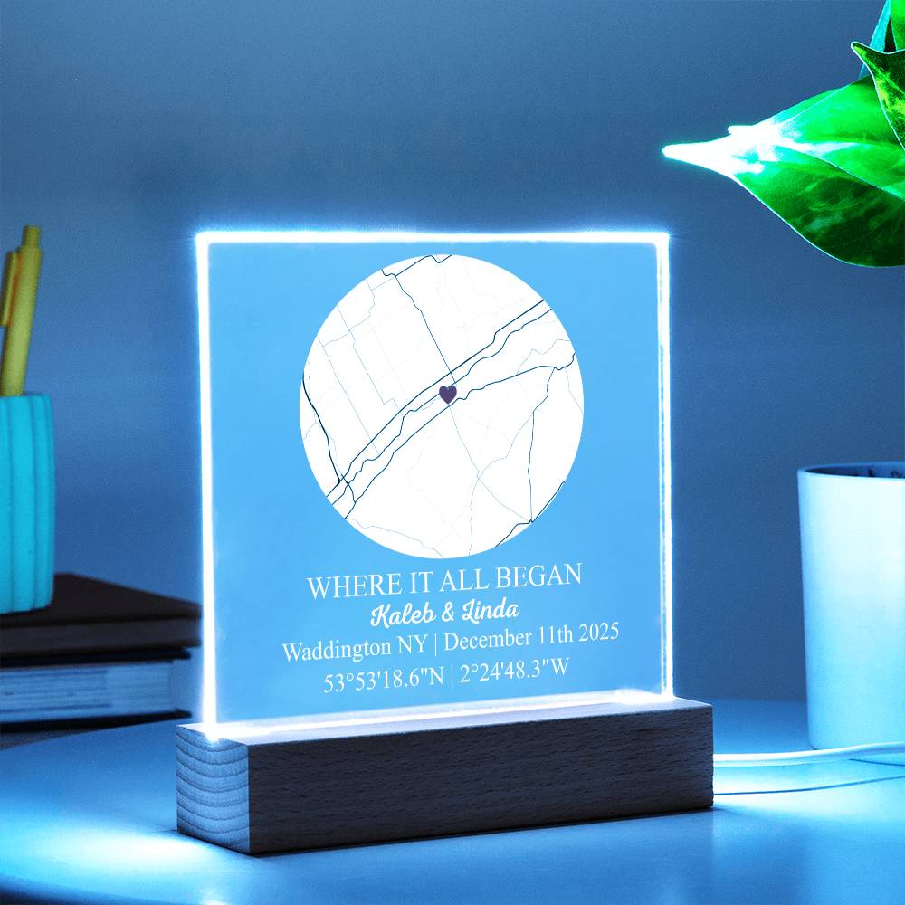 Personalized Acrylic “Where It All Began”  with Wood Stand – Custom Coordinates, Names & Date, Romantic Gift for Wife, Husband, Boyfriend, Girlfriend