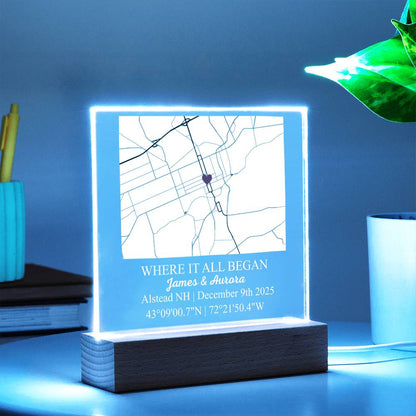 Personalized Acrylic “Where It All Began”  with Wood Stand – Custom Coordinates, Names & Date, Romantic Gift for Wife, Husband, Boyfriend, Girlfriend