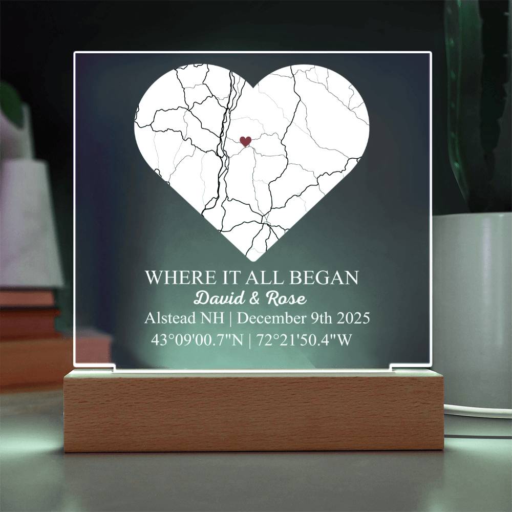 Personalized Acrylic “Where It All Began”  with Wood Stand – Custom Coordinates, Names & Date, Romantic Gift for Wife, Husband, Boyfriend, Girlfriend