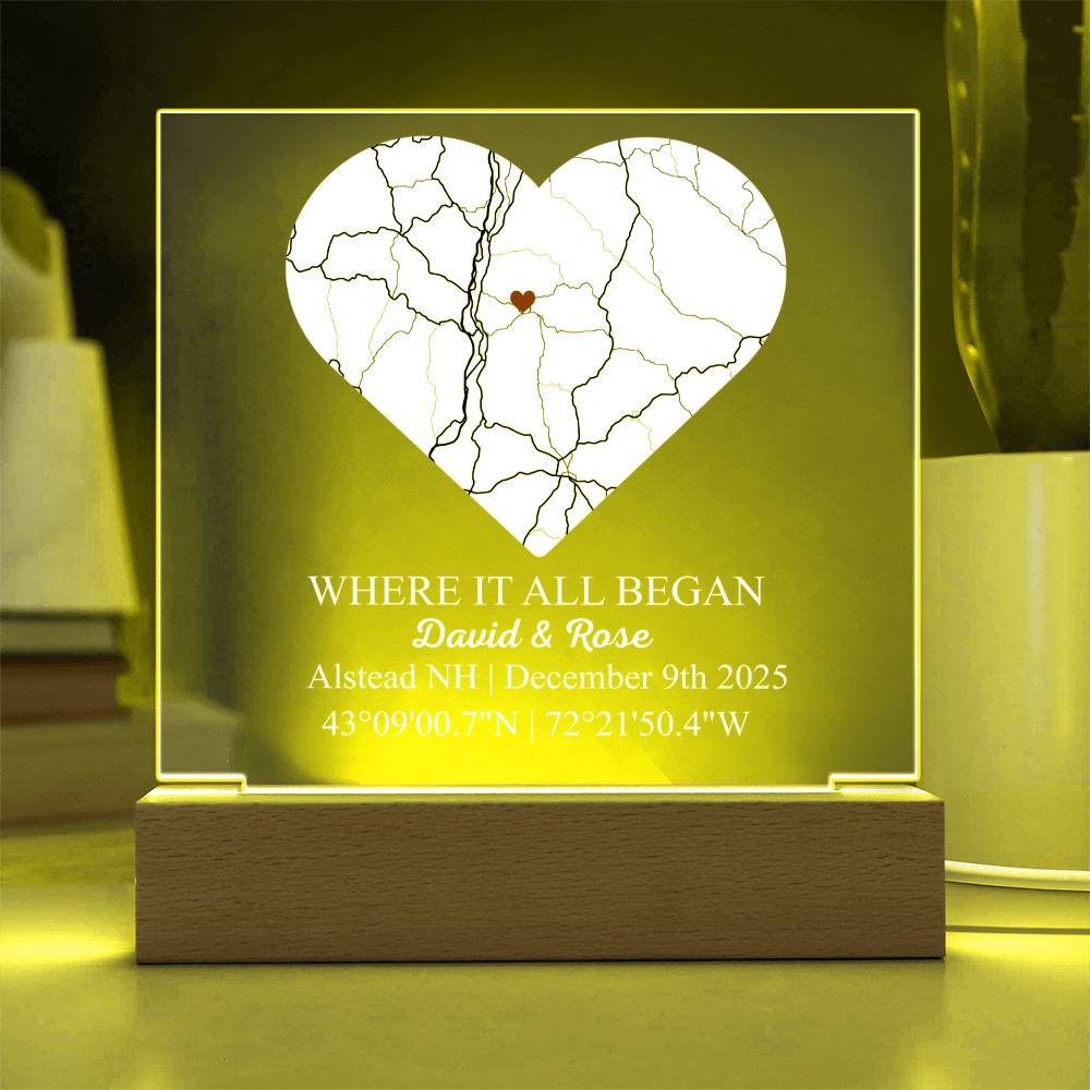 Personalized Acrylic “Where It All Began”  with Wood Stand – Custom Coordinates, Names & Date, Romantic Gift for Wife, Husband, Boyfriend, Girlfriend