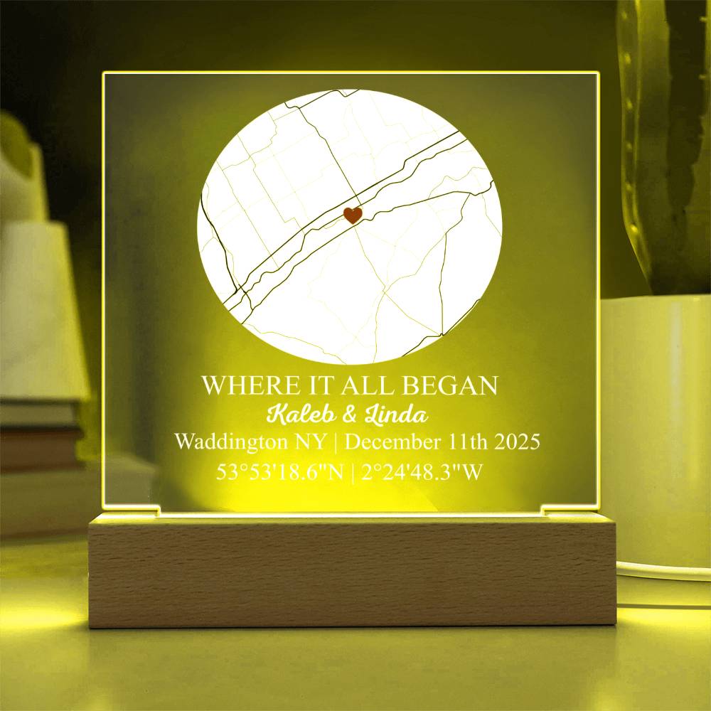 Personalized Acrylic “Where It All Began”  with Wood Stand – Custom Coordinates, Names & Date, Romantic Gift for Wife, Husband, Boyfriend, Girlfriend