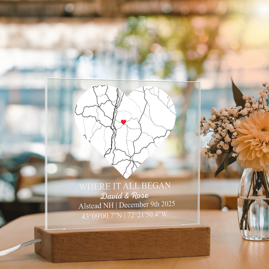 Personalized Acrylic “Where It All Began”  with Wood Stand – Custom Coordinates, Names & Date, Romantic Gift for Wife, Husband, Boyfriend, Girlfriend