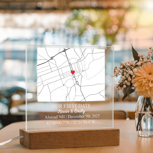 Personalized Acrylic “Where It All Began”  with Wood Stand – Custom Coordinates, Names & Date, Romantic Gift for Wife, Husband, Boyfriend, Girlfriend
