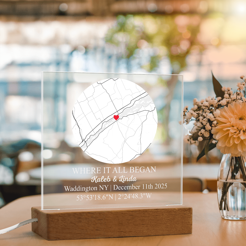 Personalized Acrylic “Where It All Began”  with Wood Stand – Custom Coordinates, Names & Date, Romantic Gift for Wife, Husband, Boyfriend, Girlfriend