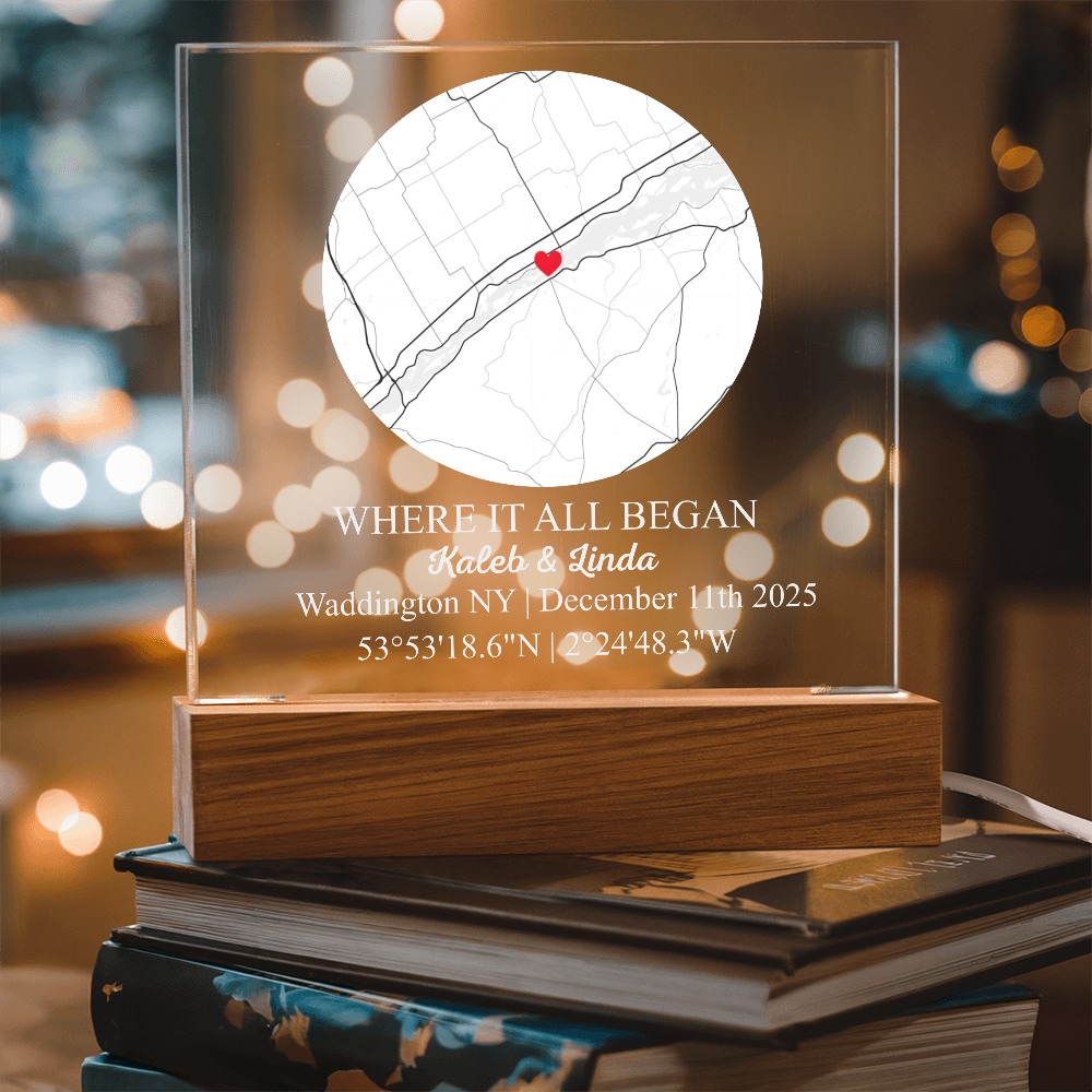 Personalized Acrylic “Where It All Began”  with Wood Stand – Custom Coordinates, Names & Date, Romantic Gift for Wife, Husband, Boyfriend, Girlfriend