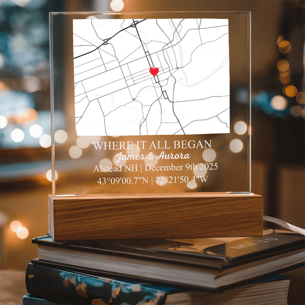 Personalized Acrylic “Where It All Began”  with Wood Stand – Custom Coordinates, Names & Date, Romantic Gift for Wife, Husband, Boyfriend, Girlfriend