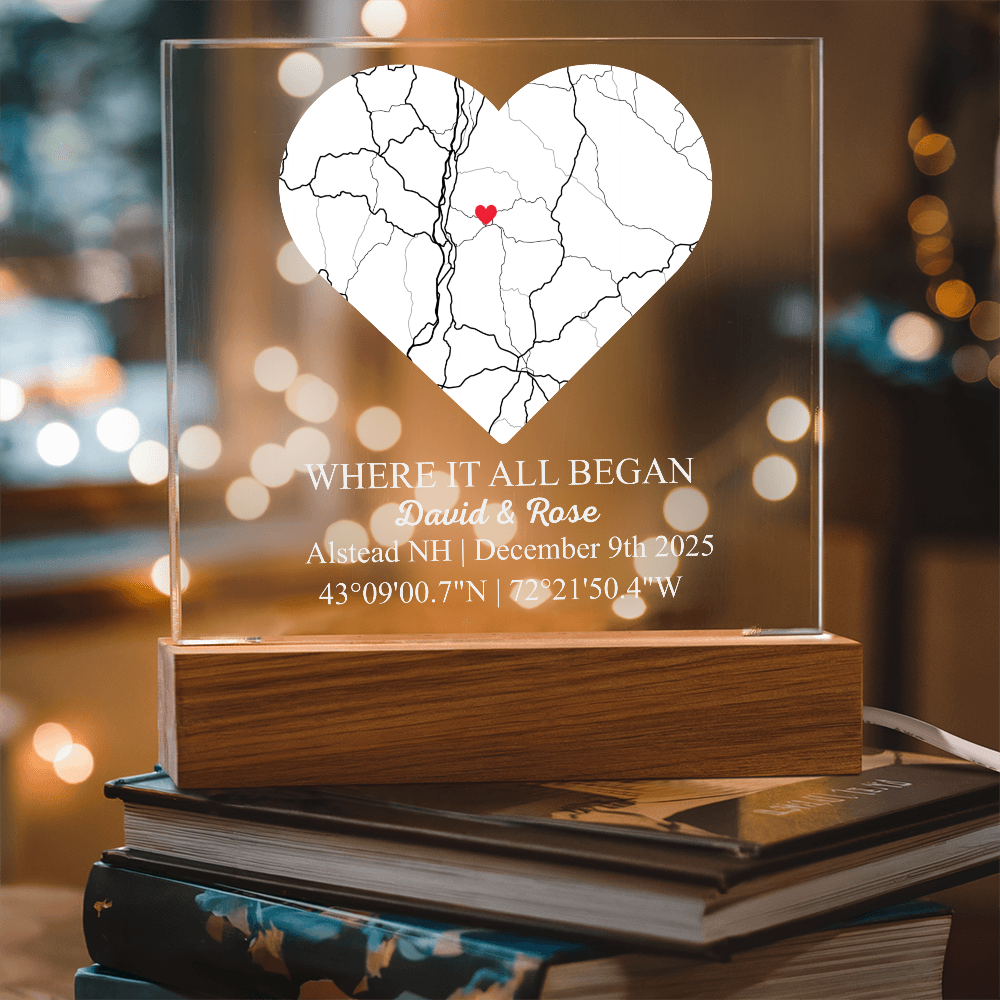 Personalized Acrylic “Where It All Began”  with Wood Stand – Custom Coordinates, Names & Date, Romantic Gift for Wife, Husband, Boyfriend, Girlfriend