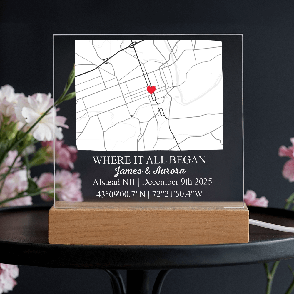 Personalized Acrylic “Where It All Began”  with Wood Stand – Custom Coordinates, Names & Date, Romantic Gift for Wife, Husband, Boyfriend, Girlfriend