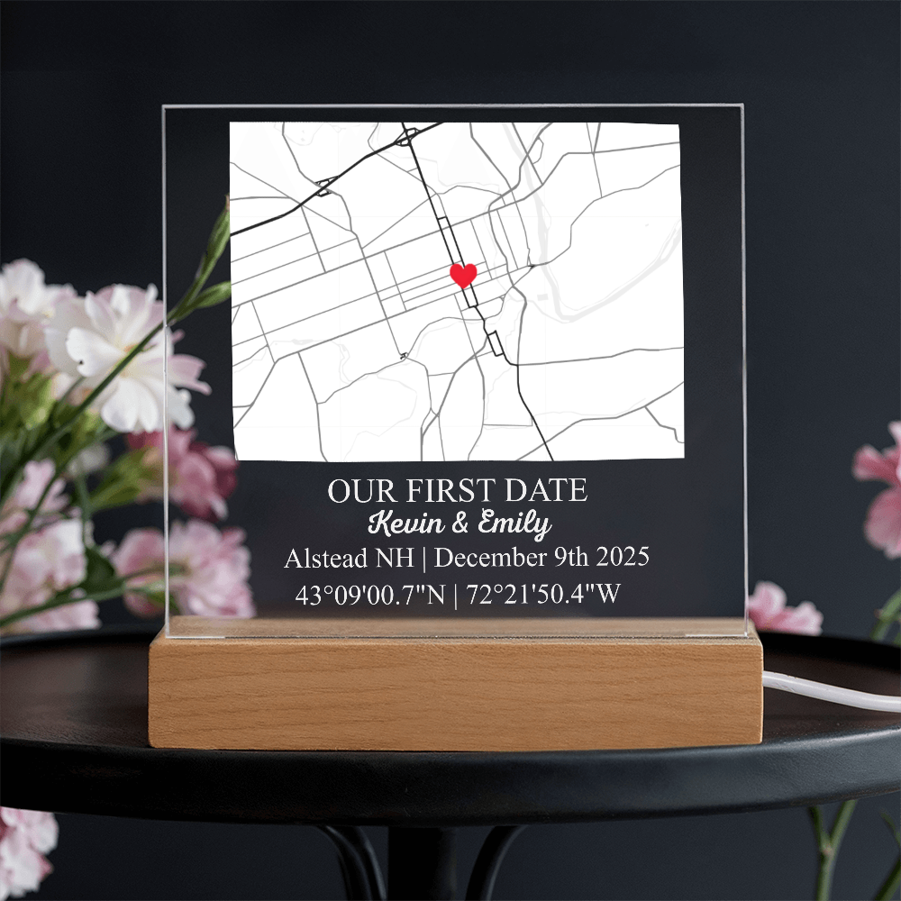 Personalized Acrylic “Where It All Began”  with Wood Stand – Custom Coordinates, Names & Date, Romantic Gift for Wife, Husband, Boyfriend, Girlfriend