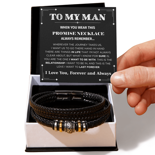 To My Man Braided Leather Bracelet – “Love You Forever” Stainless Steel Bracelet, Romantic Gift from Girlfriend or Wife for Husband, Boyfriend, Brother, Gift Box Included