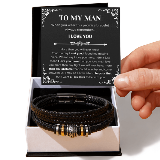 To My Man Braided Leather Bracelet – “Love You Forever” Stainless Steel Bracelet, Romantic Gift from Girlfriend or Wife for Husband, Boyfriend, Brother, Gift Box Included