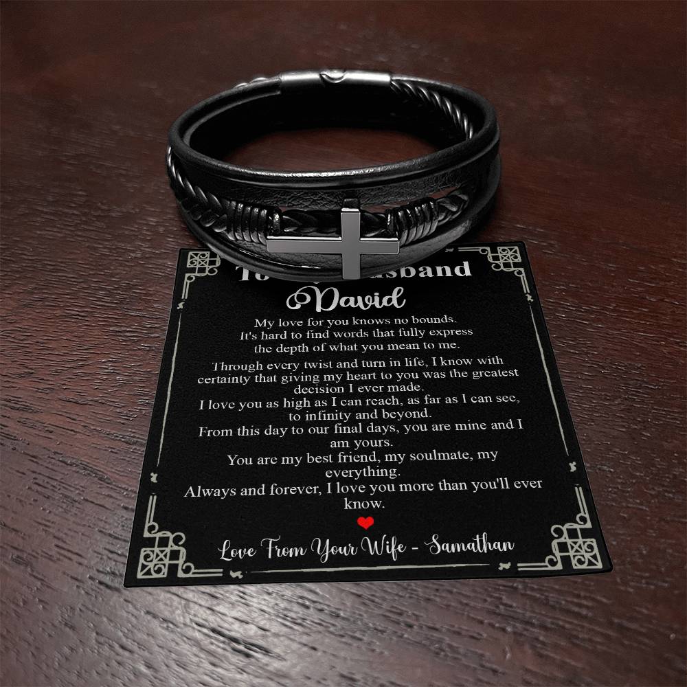 Custom name Gifts for Husband Bracelet Gifts To My Husband Leather Bracelet, Bracelet for Husband on Birthday Anniversary, Valentines Persionalized Gifts for Husband from Wife Ideas for Valentines day Bracelet Cross VIPPP