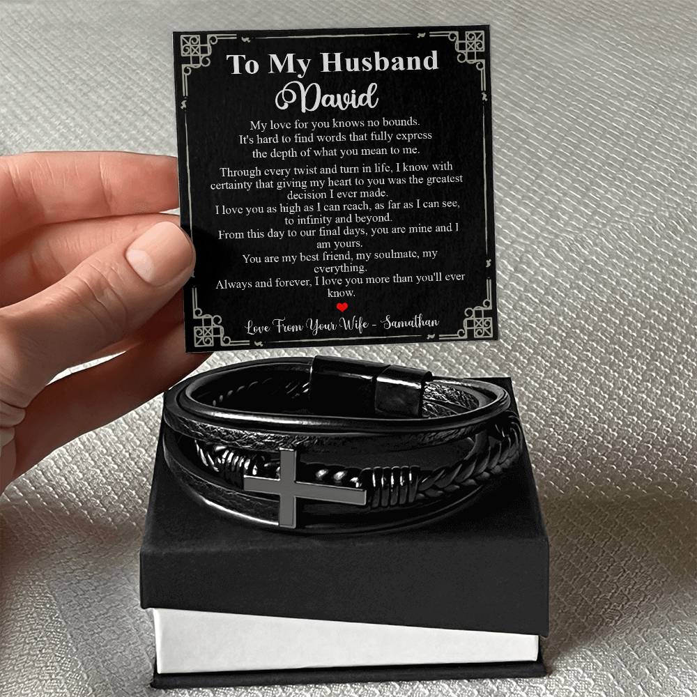 Custom name Gifts for Husband Bracelet Gifts To My Husband Leather Bracelet, Bracelet for Husband on Birthday Anniversary, Valentines Persionalized Gifts for Husband from Wife Ideas for Valentines day Bracelet Cross VIPPP