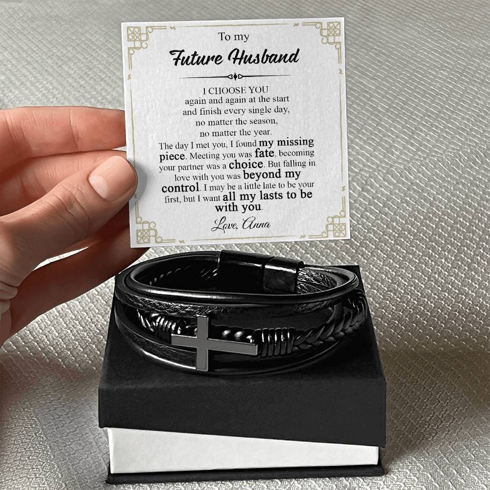 Gifts for Husband Brother Boyfriend Fiance Gift for Future Husband Leather Bracelet Gift, Romantic Gift for Fiance, Future Husband Engagement Gift, Valentine Fiance Bracelet Gifts Bracelet Cross VIPPP
