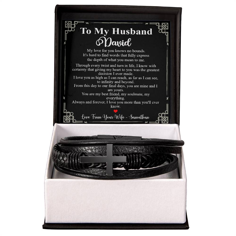 Custom name Gifts for Husband Bracelet Gifts To My Husband Leather Bracelet, Bracelet for Husband on Birthday Anniversary, Valentines Persionalized Gifts for Husband from Wife Ideas for Valentines day Bracelet Cross VIPPP