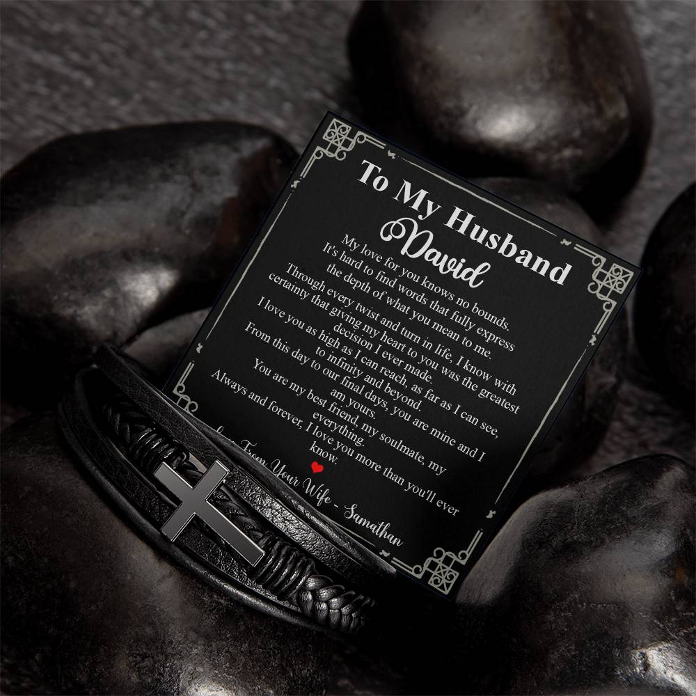 Custom name Gifts for Husband Bracelet Gifts To My Husband Leather Bracelet, Bracelet for Husband on Birthday Anniversary, Valentines Persionalized Gifts for Husband from Wife Ideas for Valentines day Bracelet Cross VIPPP