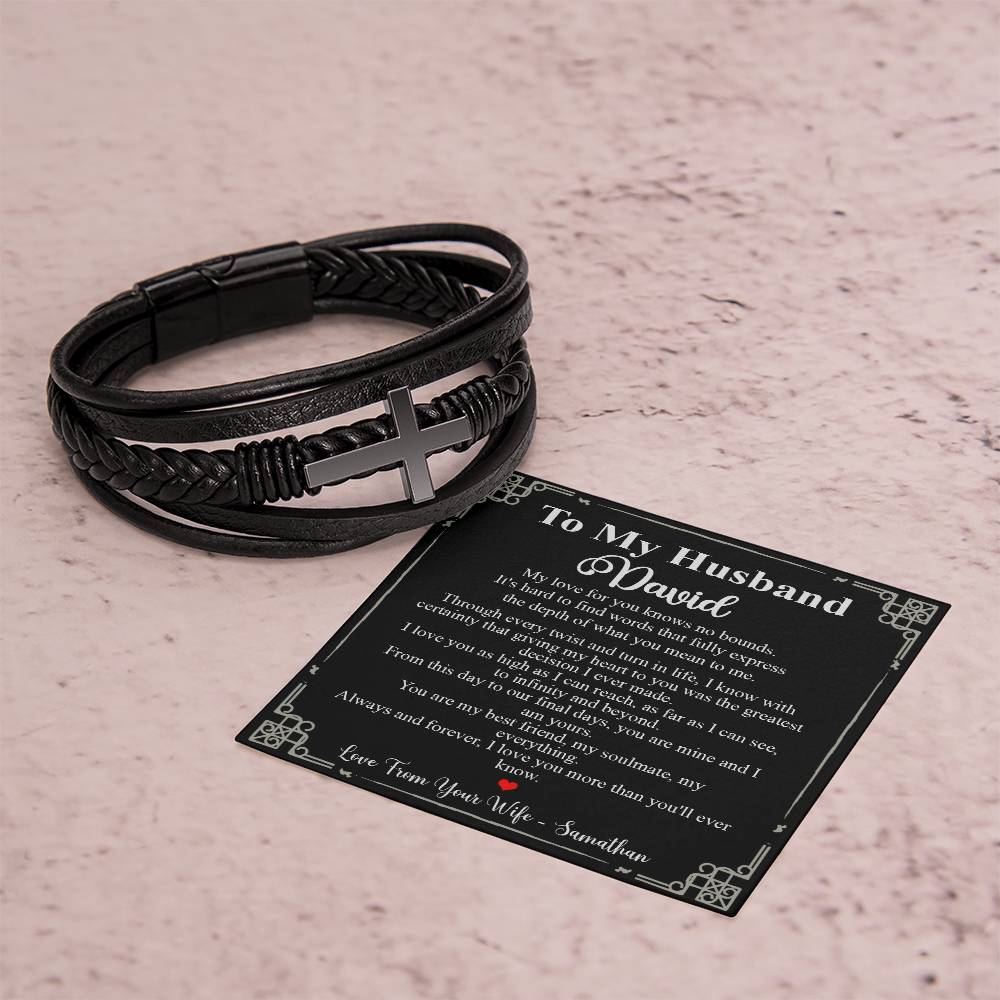 Custom name Gifts for Husband Bracelet Gifts To My Husband Leather Bracelet, Bracelet for Husband on Birthday Anniversary, Valentines Persionalized Gifts for Husband from Wife Ideas for Valentines day Bracelet Cross VIPPP
