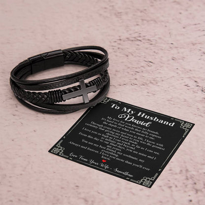 Custom name Gifts for Husband Bracelet Gifts To My Husband Leather Bracelet, Bracelet for Husband on Birthday Anniversary, Valentines Persionalized Gifts for Husband from Wife Ideas for Valentines day Bracelet Cross VIPPP